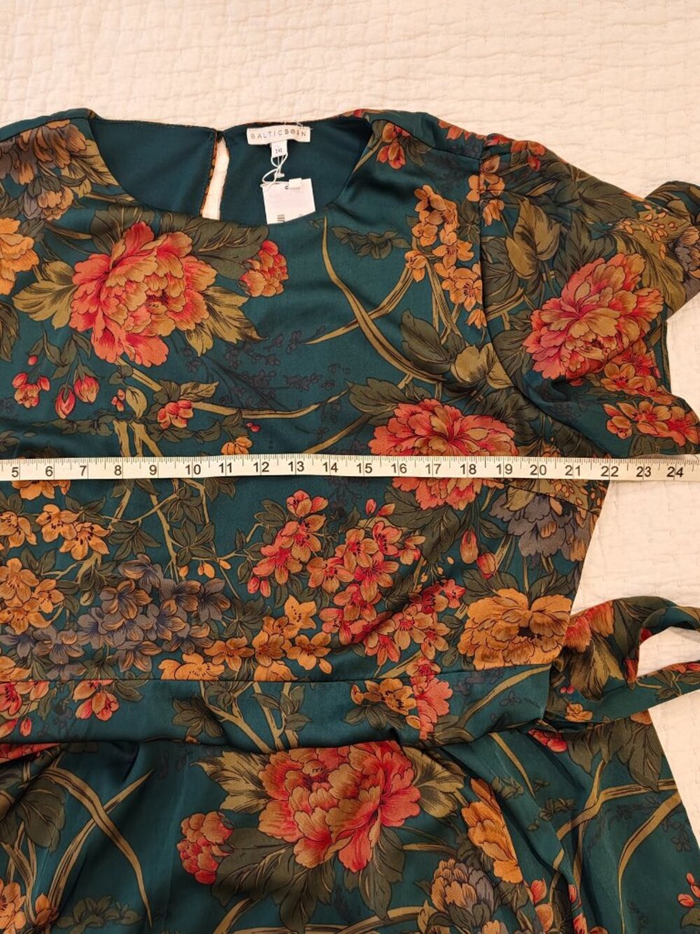 Baltic Born Agnes Satin Maxi Dress Womens 1XL Dark Green Floral Slit Tie NEW - Picture 12 of 15